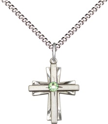 [0675YSS-STN8/18S] Sterling Silver Cross Pendant with a 3mm Peridot Swarovski stone on a 18 inch Light Rhodium Light Curb chain