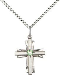 [0675YSS-STN8/18SS] Sterling Silver Cross Pendant with a 3mm Peridot Swarovski stone on a 18 inch Sterling Silver Light Curb chain