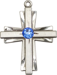 [0675YSS-STN9] Sterling Silver Cross Medal with a 3mm Sapphire Swarovski stone