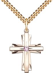 [0676YGF-STN6/24G] 14kt Gold Filled Cross Pendant with a 3mm Light Amethyst Swarovski stone on a 24 inch Gold Plate Heavy Curb chain