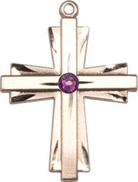 [0676YKT-STN2] 14kt Gold Cross Medal with a 3mm Amethyst Swarovski stone