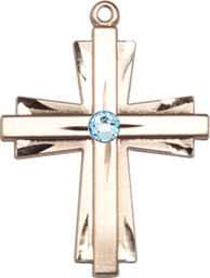 [0676YKT-STN3] 14kt Gold Cross Medal with a 3mm Aqua Swarovski stone