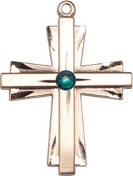 [0676YKT-STN5] 14kt Gold Cross Medal with a 3mm Emerald Swarovski stone