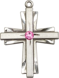 [0676YSS-STN10] Sterling Silver Cross Medal with a 3mm Rose Swarovski stone