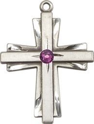 [0676YSS-STN2] Sterling Silver Cross Medal with a 3mm Amethyst Swarovski stone