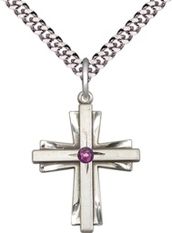 [0676YSS-STN2/24S] Sterling Silver Cross Pendant with a 3mm Amethyst Swarovski stone on a 24 inch Light Rhodium Heavy Curb chain