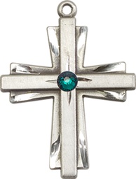 [0676YSS-STN5] Sterling Silver Cross Medal with a 3mm Emerald Swarovski stone