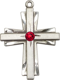 [0676YSS-STN7] Sterling Silver Cross Medal with a 3mm Ruby Swarovski stone