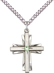 [0676YSS-STN8/24SS] Sterling Silver Cross Pendant with a 3mm Peridot Swarovski stone on a 24 inch Sterling Silver Heavy Curb chain