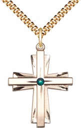 [0677YGF-STN5/24G] 14kt Gold Filled Cross Pendant with a 3mm Emerald Swarovski stone on a 24 inch Gold Plate Heavy Curb chain