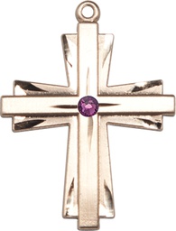 [0677YKT-STN2] 14kt Gold Cross Medal with a 3mm Amethyst Swarovski stone