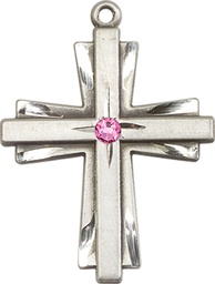 [0677YSS-STN10] Sterling Silver Cross Medal with a 3mm Rose Swarovski stone