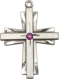 [0677YSS-STN2] Sterling Silver Cross Medal with a 3mm Amethyst Swarovski stone