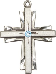 [0677YSS-STN3] Sterling Silver Cross Medal with a 3mm Aqua Swarovski stone