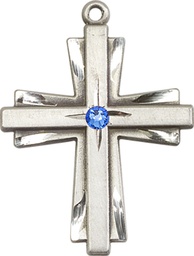 [0677YSS-STN9] Sterling Silver Cross Medal with a 3mm Sapphire Swarovski stone