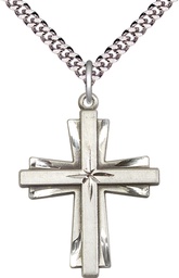 [0677YSS/24S] Sterling Silver Cross Pendant on a 24 inch Light Rhodium Heavy Curb chain
