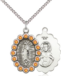 [2009FTPSS/18S] Sterling Silver Our Lady of Guadalupe Pendant with Topaz Swarovski stones on a 18 inch Light Rhodium Light Curb chain