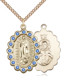 [2010FSAGF/24GF] 14kt Gold Filled Our Lady of Guadalupe Pendant with Sapphire Swarovski stones on a 24 inch Gold Filled Heavy Curb chain