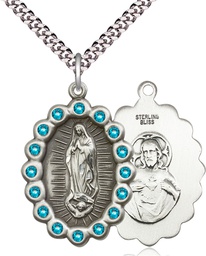 [2010FZCSS/24S] Sterling Silver Our Lady of Guadalupe Pendant with Zircon Swarovski stones on a 24 inch Light Rhodium Heavy Curb chain