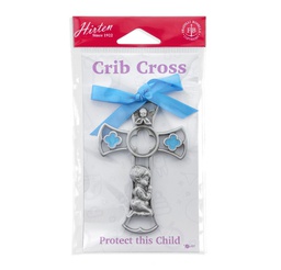[HI-2091-86B] Genuine Pewter Baby Boy Cross with Blue Epoxy and Ribbon.