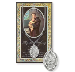 [HI-950-300] St. Anthony on Card Genuine Pewter Medal on a 24" Ch./Bio. &amp; Picture Folder