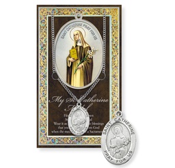 [HI-950-416] St. Catherine Genuine Pewter Medal on a 24" Chain with Biography and Picture Folder