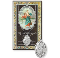 [HI-950-620] St. Christopher w chain Genuine Pewter Medal on a 24&quot; Chain with Biography and Picture Folder