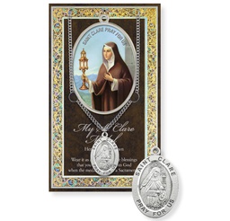[HI-950-426] St. Clare Genuine Pewter Medal on a 24" Chain with Biography and Picture Folder