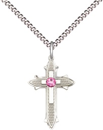 [6058SS-STN10/18S] Sterling Silver Cross on Cross Pendant with a 3mm Rose Swarovski stone on a 18 inch Light Rhodium Light Curb chain
