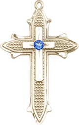 [6059KT-STN9] 14kt Gold Cross on Cross Medal with a 3mm Sapphire Swarovski stone