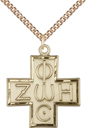 [6074GF/24GF] 14kt Gold Filled Light &amp; Life Cross Pendant on a 24 inch Gold Filled Heavy Curb chain