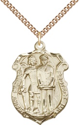 [5694GF/24GF] 14kt Gold Filled Saint Michael the Archangel Police Shield Pendant on a 24 inch Gold Filled Heavy Curb chain