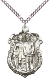 [5694SS/24SS] Sterling Silver Saint Michael the Archangel Police Shield Pendant on a 24 inch Sterling Silver Heavy Curb chain