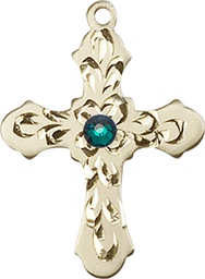 [6036KT3-STN5] 14kt Gold Cross Medal with a 3mm Emerald Swarovski stone