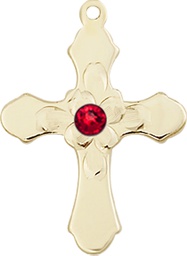 [6036KT4-STN7] 14kt Gold Cross Medal with a 3mm Ruby Swarovski stone