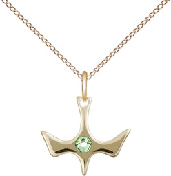 [5431GF-STN8/18GF] 14kt Gold Filled Holy Spirit Pendant with a 3mm Peridot Swarovski stone on a 18 inch Gold Filled Light Curb chain