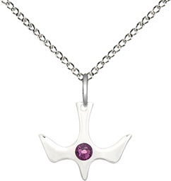 [5431SS-STN2/18SS] Sterling Silver Holy Spirit Pendant with a 3mm Amethyst Swarovski stone on a 18 inch Sterling Silver Light Curb chain