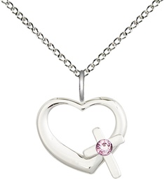 [4207SS-STN6/18SS] Sterling Silver Heart / Cross Pendant with a 3mm Light Amethyst Swarovski stone on a 18 inch Sterling Silver Light Curb chain