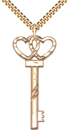 [6212GF/24G] 14kt Gold Filled Key w/Double Hearts Pendant on a 24 inch Gold Plate Heavy Curb chain