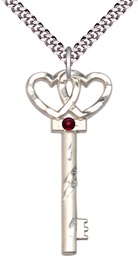 [6212SS-STN1/24S] Sterling Silver Key w/Double Hearts Pendant with a 3mm Garnet Swarovski stone on a 24 inch Light Rhodium Heavy Curb chain