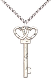 [6213SS/18S] Sterling Silver Small Key w/Double Heart Pendant on a 18 inch Light Rhodium Light Curb chain