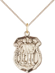 [6263GF/18GF] 14kt Gold Filled Saint Michael the Archangel Police Shield Pendant on a 18 inch Gold Filled Light Curb chain