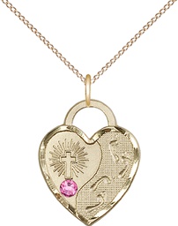 [3207GF-STN10/18GF] 14kt Gold Filled Footprints Heart Pendant with a 3mm Rose Swarovski stone on a 18 inch Gold Filled Light Curb chain