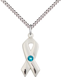 [5150SS-STN12/18S] Sterling Silver Cancer Awareness Pendant with a 3mm Zircon Swarovski stone on a 18 inch Light Rhodium Light Curb chain