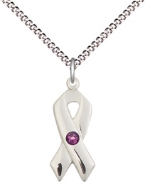[5150SS-STN2/18S] Sterling Silver Cancer Awareness Pendant with a 3mm Amethyst Swarovski stone on a 18 inch Light Rhodium Light Curb chain