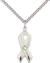 [5150SS-STN8/18S] Sterling Silver Cancer Awareness Pendant with a 3mm Peridot Swarovski stone on a 18 inch Light Rhodium Light Curb chain