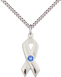 [5150SS-STN9/18S] Sterling Silver Cancer Awareness Pendant with a 3mm Sapphire Swarovski stone on a 18 inch Light Rhodium Light Curb chain