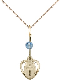 [5411AQGF/18GF] 14kt Gold Filled Heart Cross Pendant with an Aqua bead on a 18 inch Gold Filled Light Curb chain