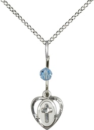 [5411AQSS/18SS] Sterling Silver Heart Cross Pendant with an Aqua bead on a 18 inch Sterling Silver Light Curb chain