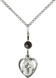 [5411BKSS/18SS] Sterling Silver Heart Cross Pendant with a Black bead on a 18 inch Sterling Silver Light Curb chain